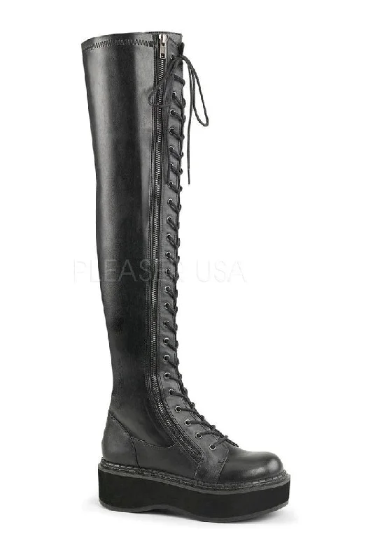 EMILY-375 Demonia Thigh Boot | Black Faux Leather