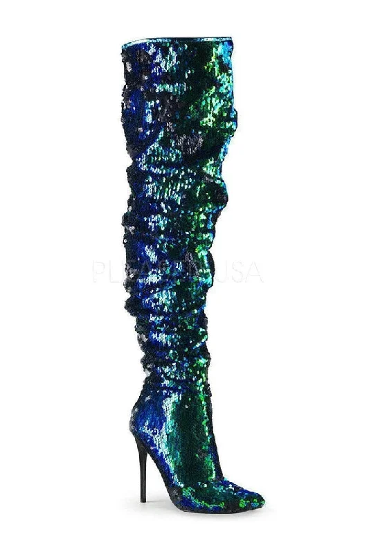 COURTLY-3011 Thigh Boot | Green  Sequins