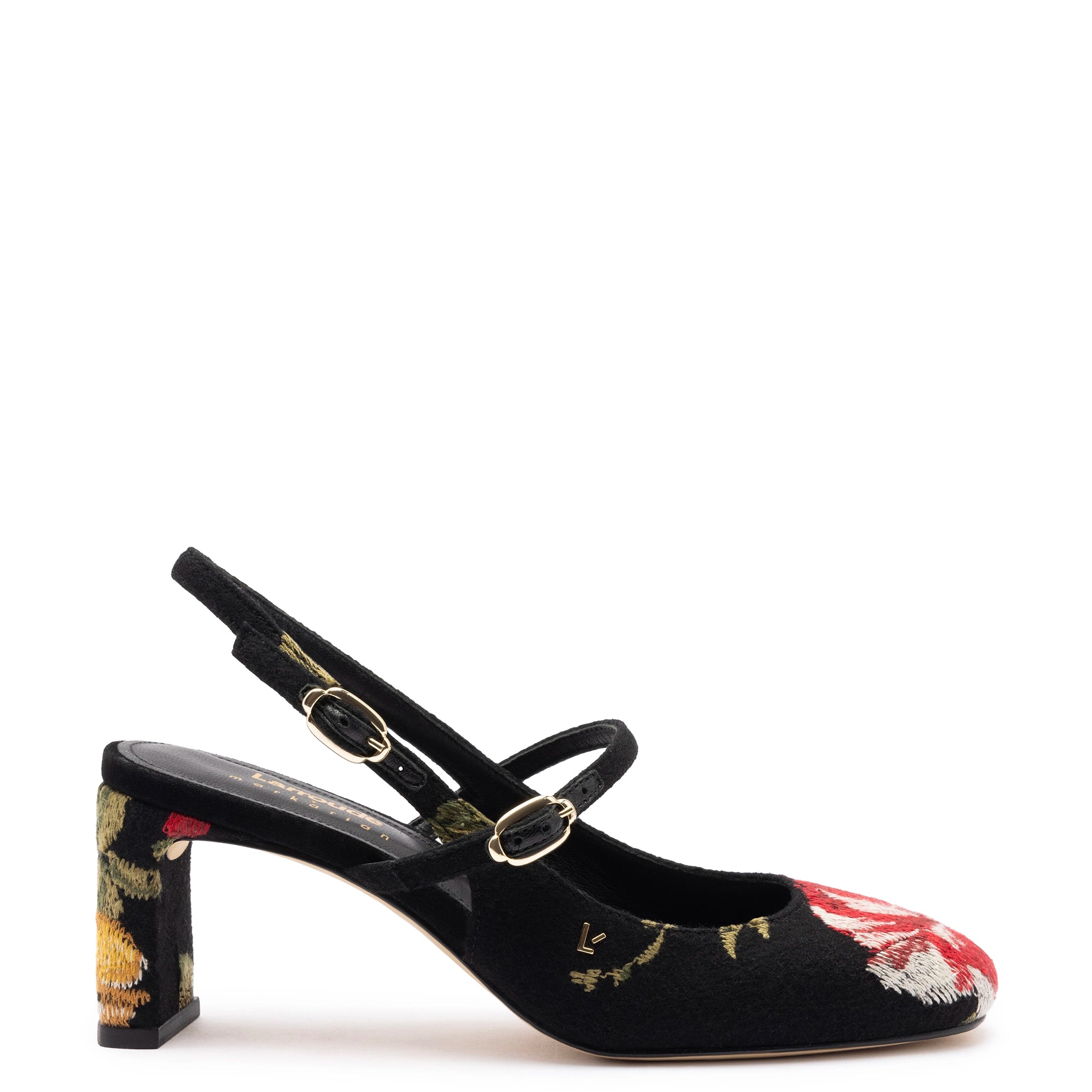 Larroudé x Markarian Pump In Black Wool and Floral Embroidery