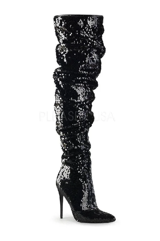 COURTLY-3011 Thigh Boot | Black Sequins