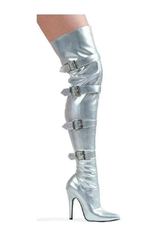 511-BUCKLEUP Thigh Boot  | Silver Faux Leather