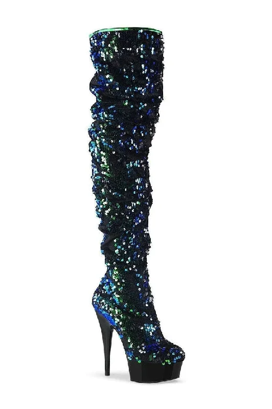 DELIGHT-3004 Exotic Thigh Boot | Green Sequins