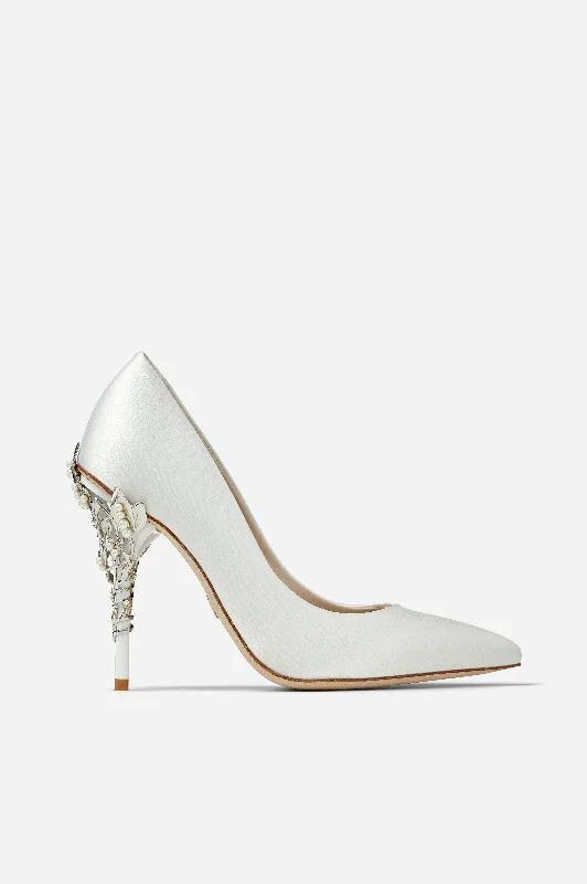 White Satin Eden Heels with Pearl and Silver Leaves