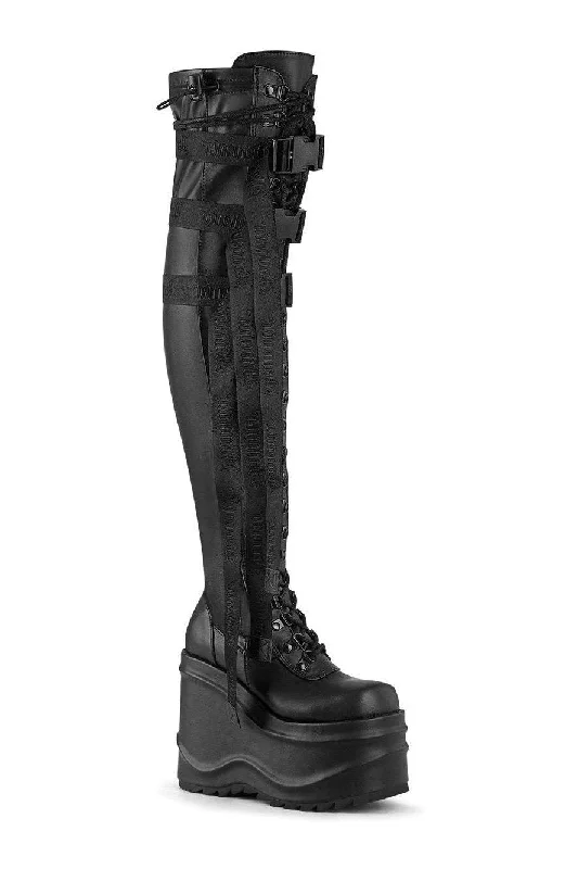 WAVE-315 Thigh Boot | Black Faux Leather