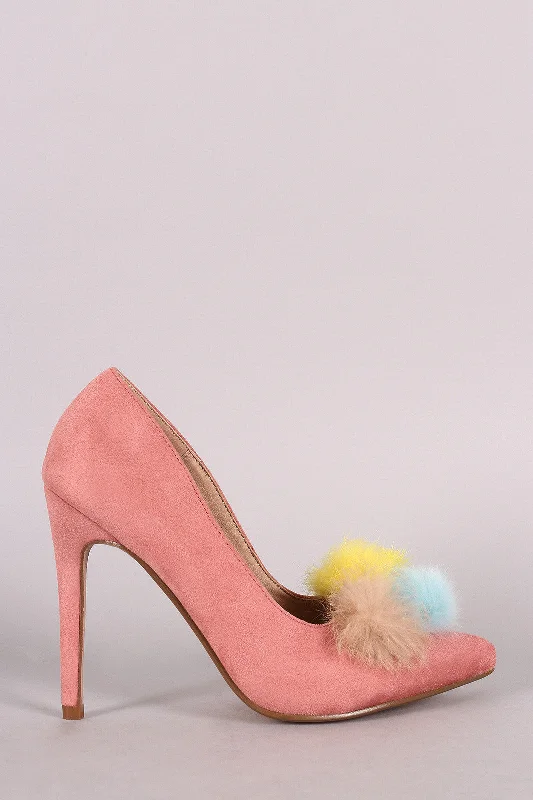 Multi Colored Pom Pom Suede Pointed Toe Heels