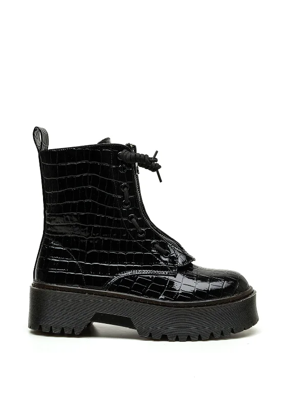 Zen Collection Croc Patent Platform Boots, Black