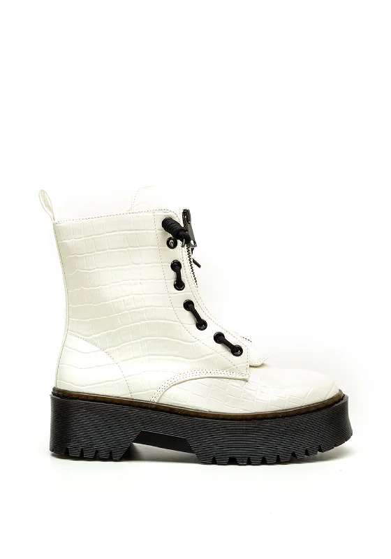 Zen Collection Croc Patent Platform Boots, White