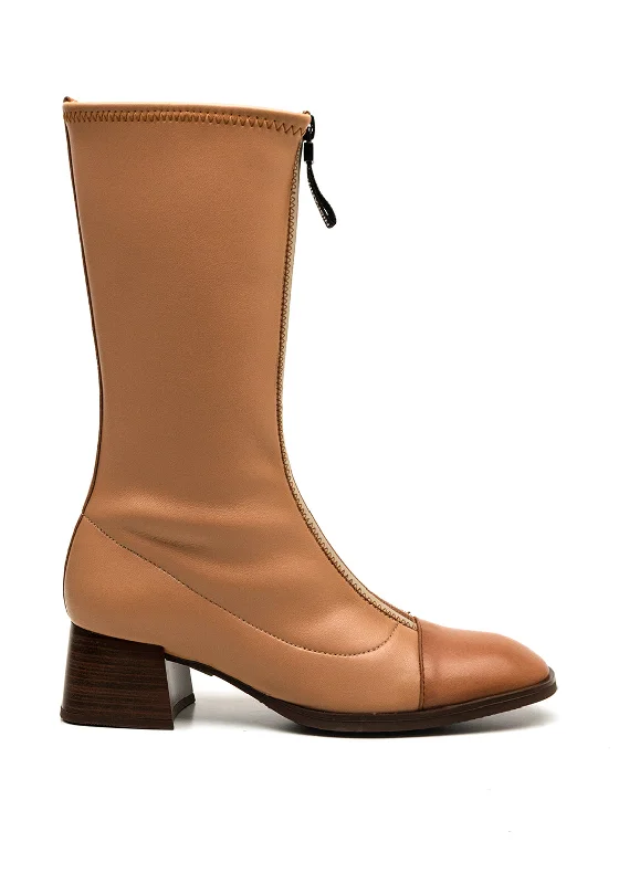 Hispanitas Leather Front Zip Mid Calf Boots, Almond