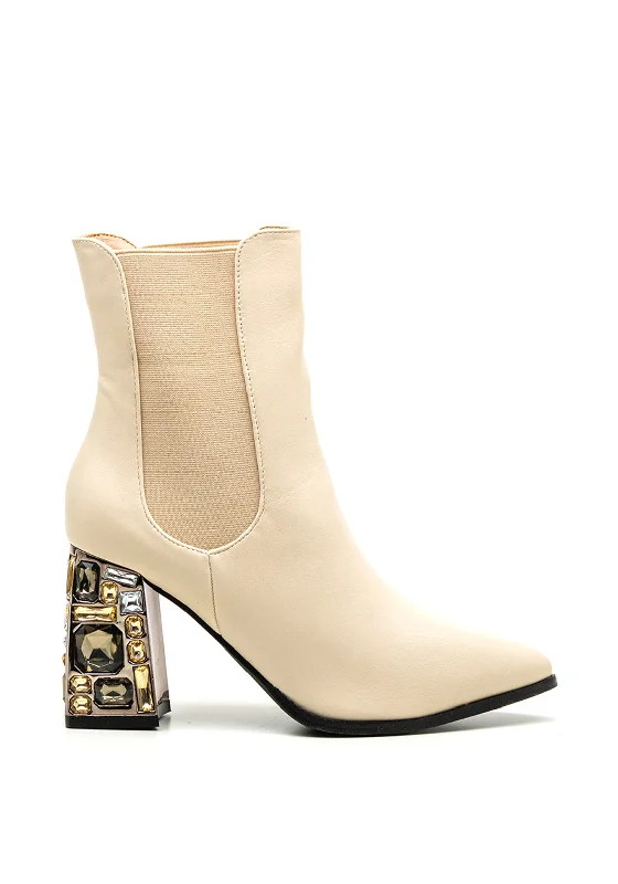 Menbur Statement Crystal Heel Chelsea Boots, Cream