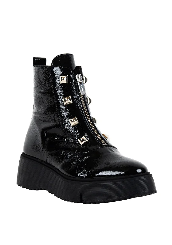 Wonders Leather Studded Front Zip Platform Boots, Black