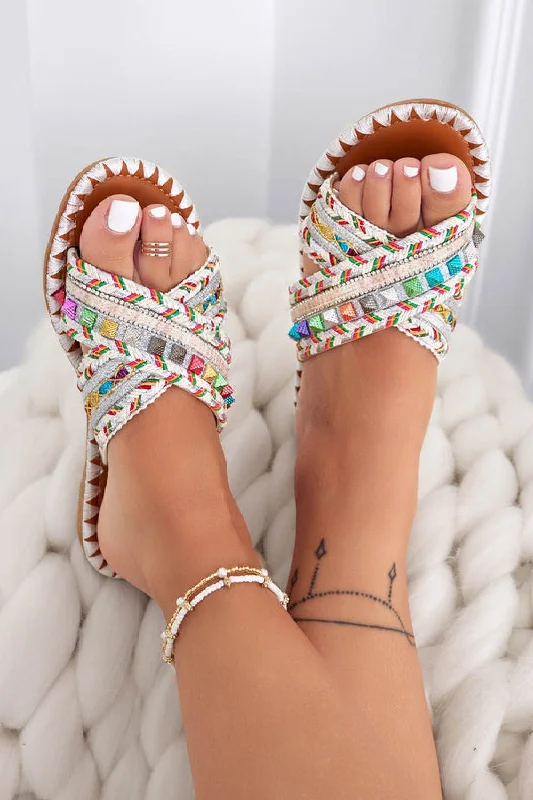 WHITE MULTI COLOUR EMBELLISHED FLAT STRAPPY SUMMER SLIDER SANDALS