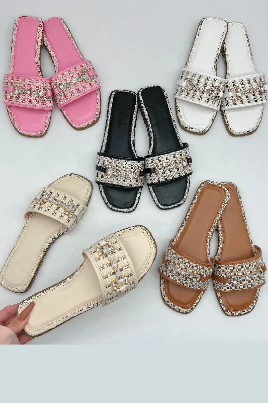 PINK RAFFIA DETAIL DIAMANTE TRIM FLAT SLIDER SANDALS