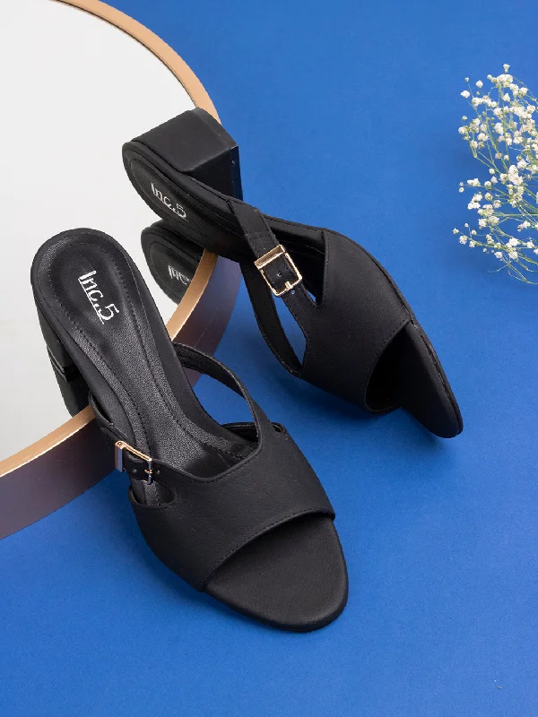 Womens Black Solid Square Toe Party Wear Block Heel Mule Sandals