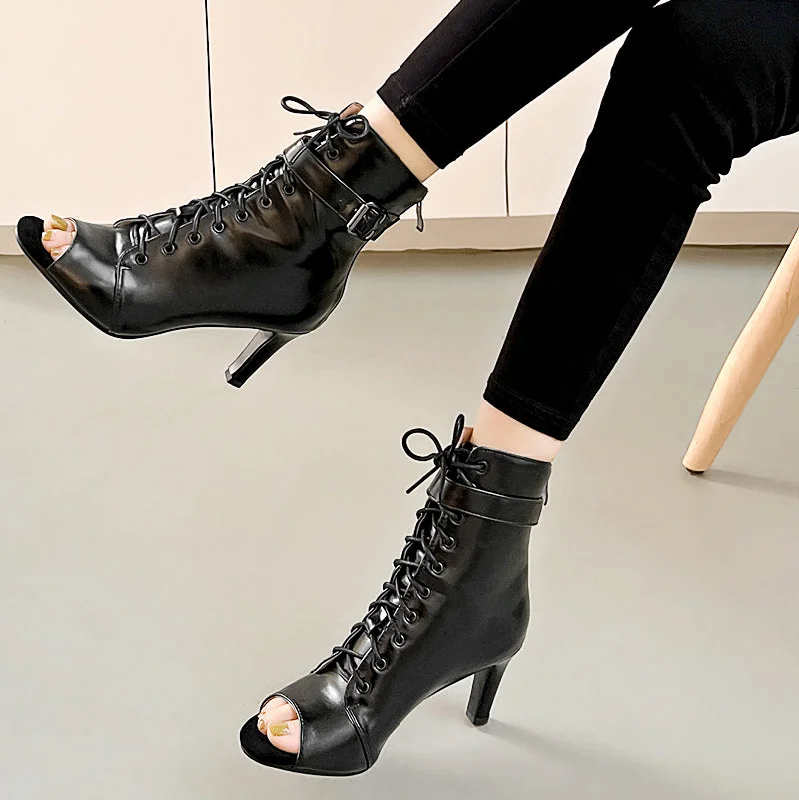 Women's Black 7cm/9cm  Slim Heel  Rubber Sole Leatherette Jazz Shoes Lace-up Open Toe Dance Heels Boots