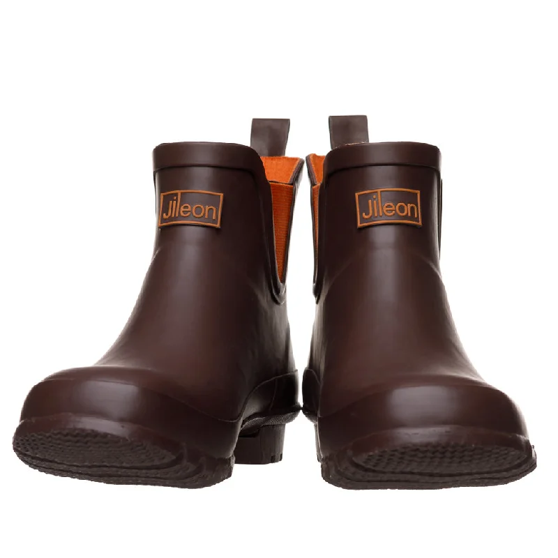 Ankle Height Rain Boots - Chocolate with Orange Trim - Wide Foot - Easy to Slip On