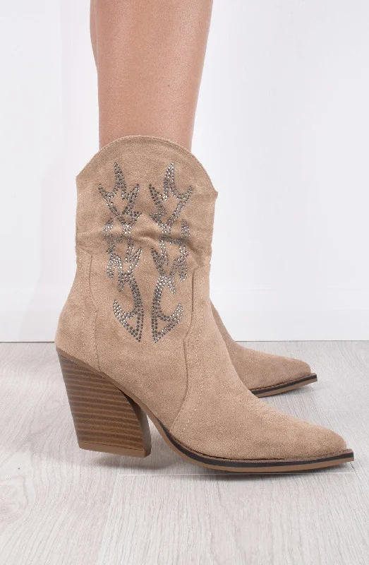 Beige Rhinestone Suede Cowboy Ankle Boots