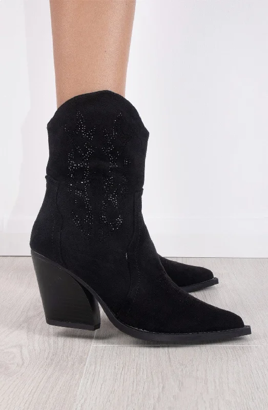 Black Rhinestone Suede Cowboy Ankle Boots