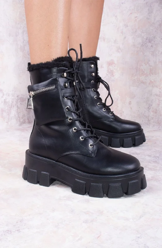 Chunky Lace Up Pocket Detail Black Pu Leather Boots