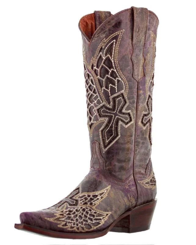 Womens Alas Purple Cross & Wings Western Cowboy Boots - Snip Toe