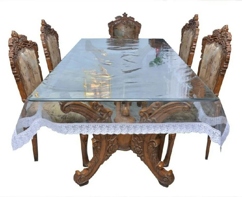 Designer mart transparent 1 piece dining table cover with silver lace.