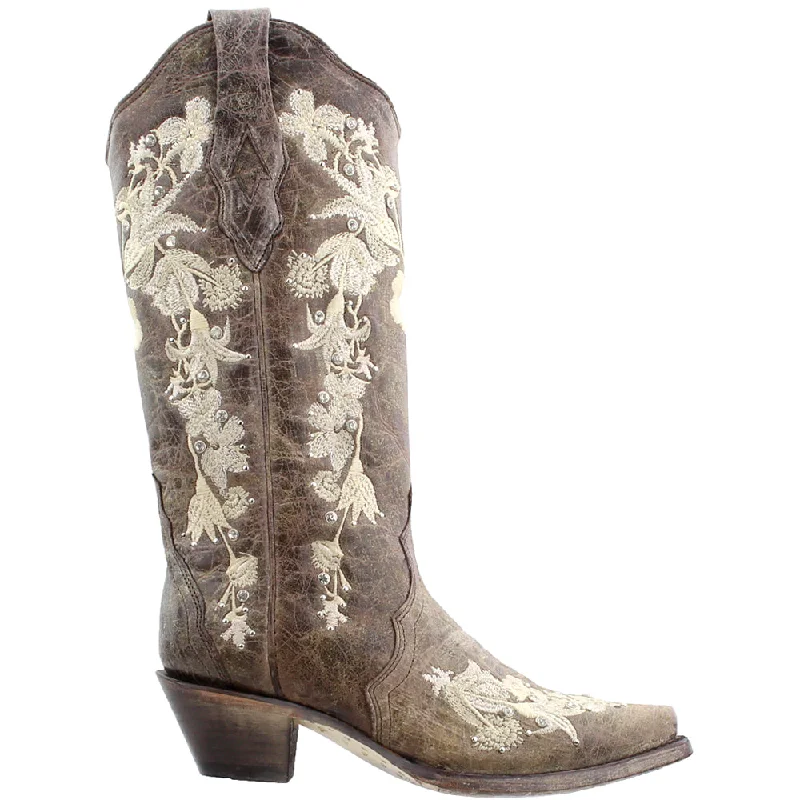 Floral Rhinestone Embroidery Snip Toe Cowboy Boots