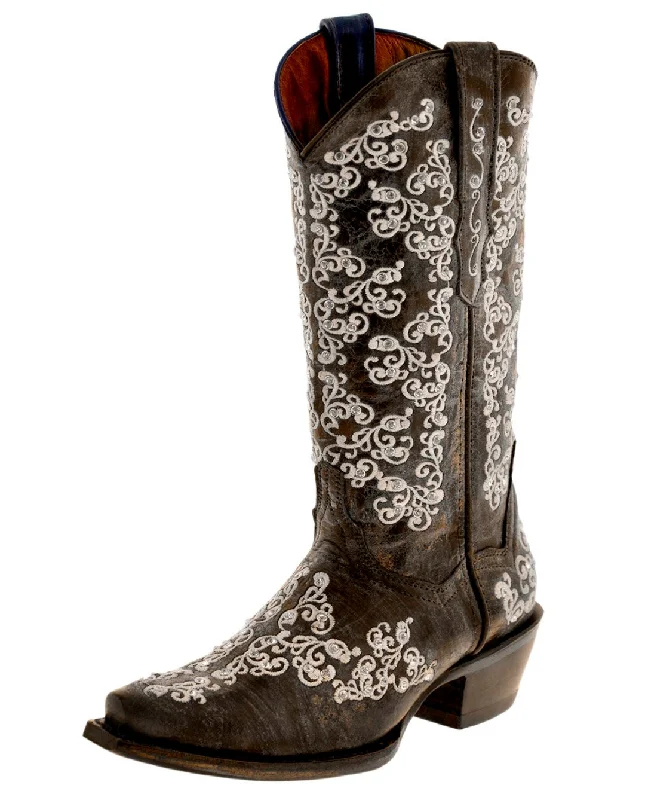 Womens Cleo Brown Leather Cowboy Boots Floral Embroidered - Snip Toe