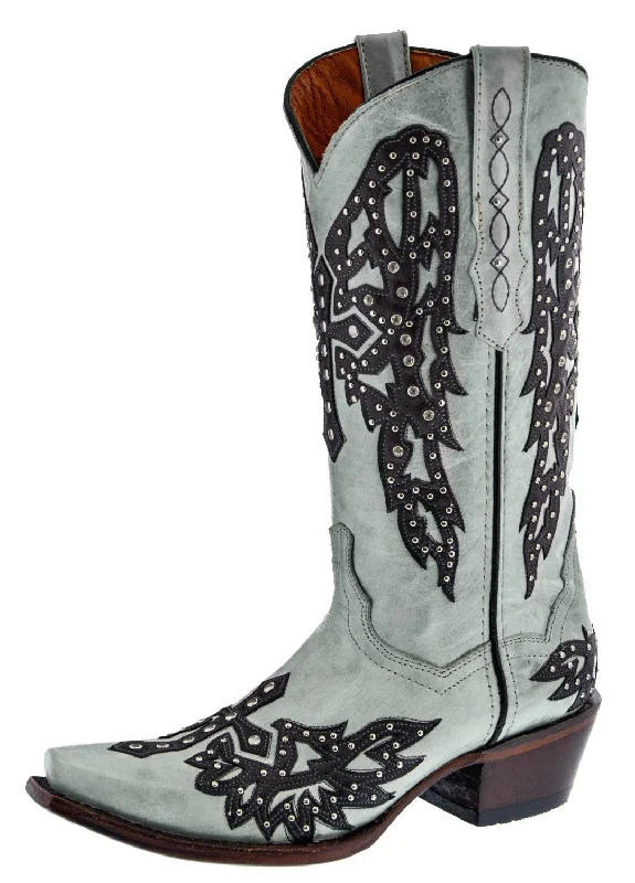 Womens Angels Off White Leather Cowboy Boots Studded Snip Toe