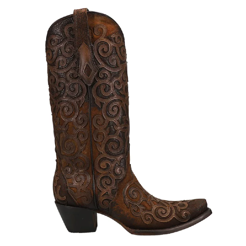 Chocolate Lamb Tooled Inlay Snip Toe Cowboy Boots