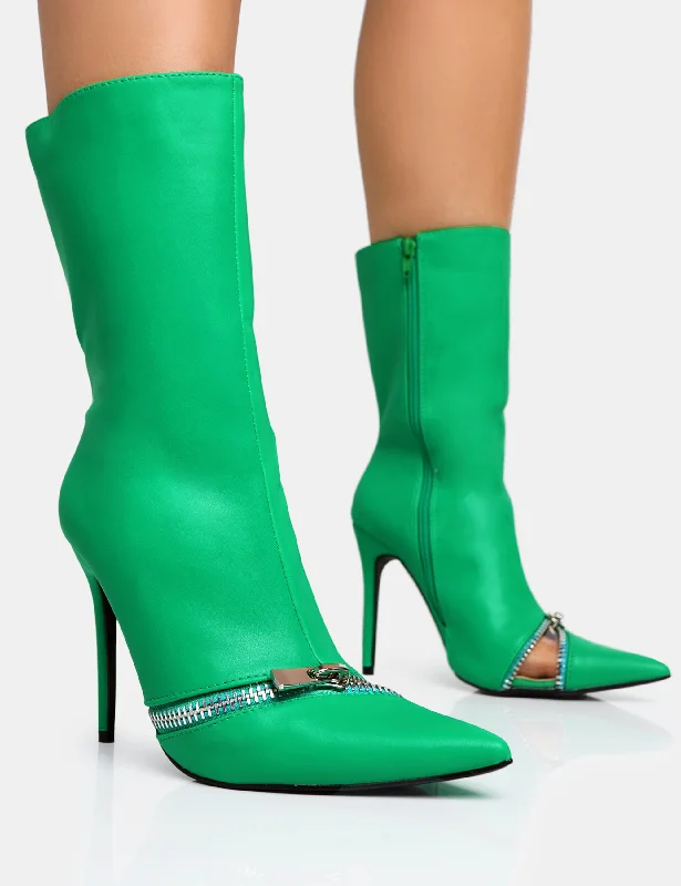 Pitstop Green Pu Zip Detail Pointed Toe Stiletto Heel Ankle Boots