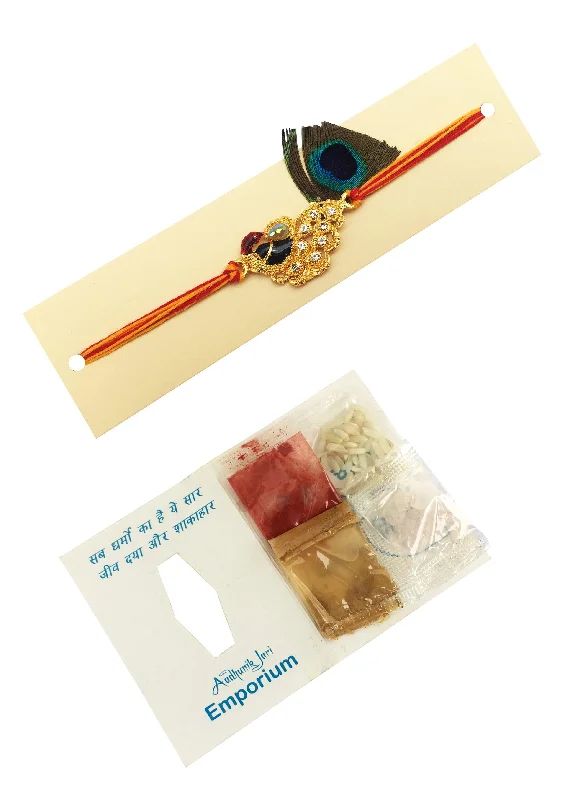 Designer mart rakhi set : 1 peacock Rakhi + 1 Tilak