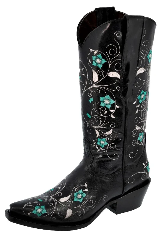 Womens Sofia Black Leather Cowboy Boots Floral - Snip Toe