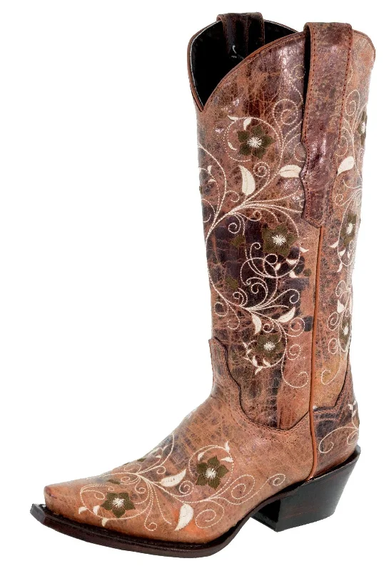 Womens Sofia Cognac Leather Cowboy Boots Floral - Snip Toe