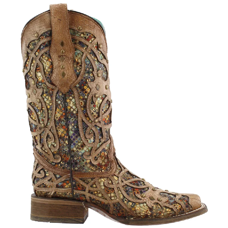 Tooled-Inlay Studded Sequins Square Toe Cowboy Boots