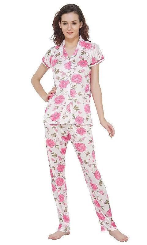 Designer mart Women's Printed Satin Top & Pyjama Set Pink for Women & Girls