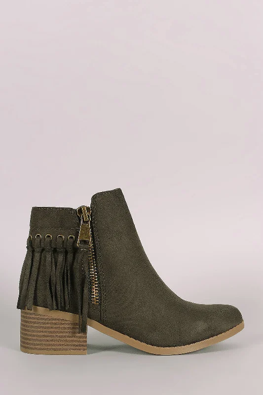 City Classified Suede Fringe Block Heel Ankle Boots