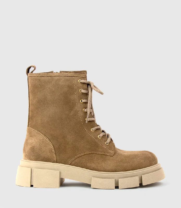 WOLFE Lace Up Boot on Chunky Sole in Beige Suede