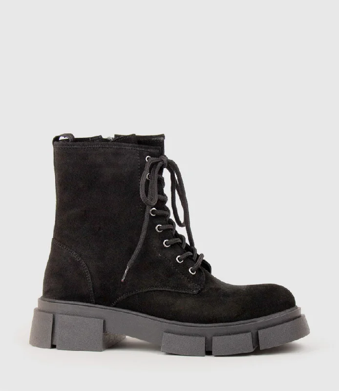 WOLFE Lace Up Boot on Chunky Sole in Black Suede