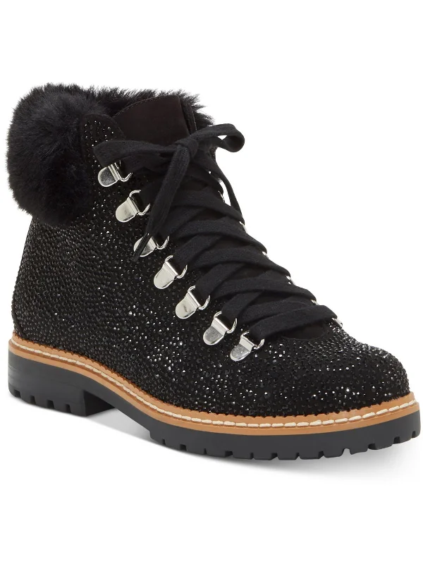 Womens Rhinestone Faux Fur Booties