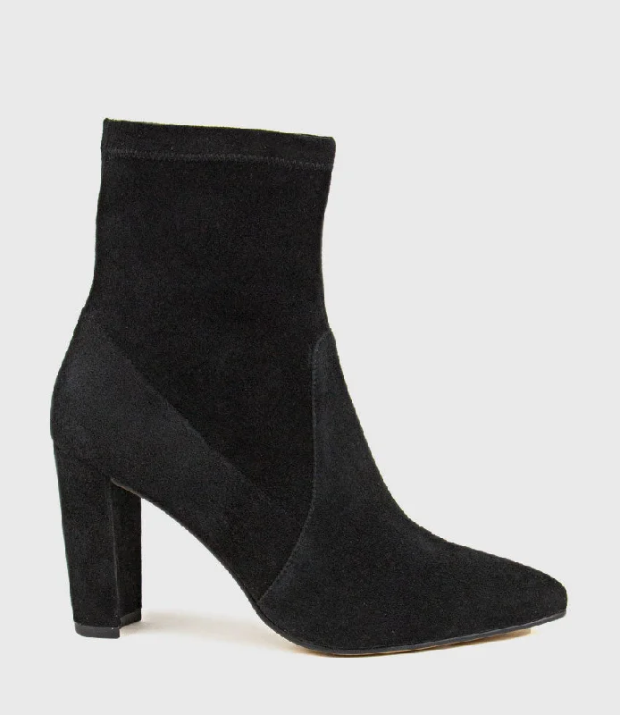 ZIAH Block Heel Sock Boot in Black Suede