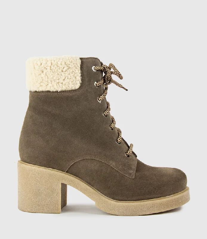 ZOOM Lace Up with Shearling in Stone Suede